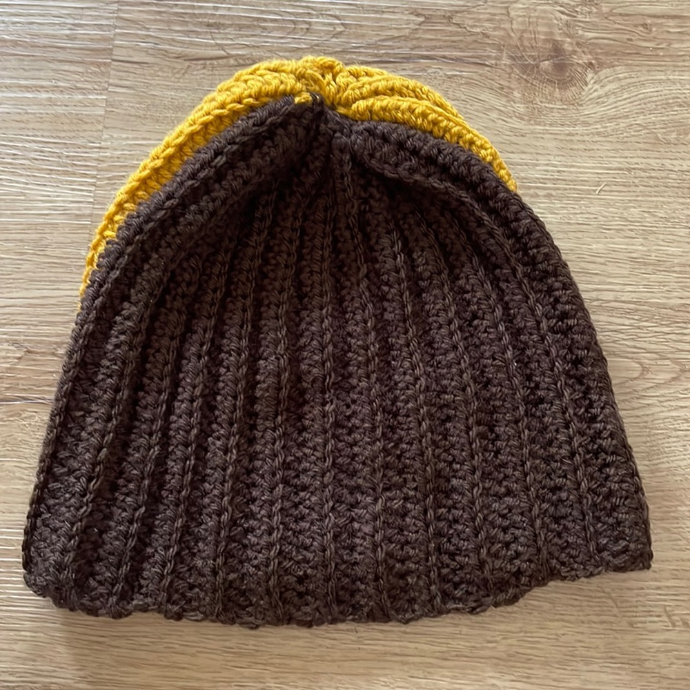 Handmade tan yellow brown color blocking dual color crocheted beanie winter hat